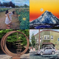 a collage of paintings, sculptures, and a car